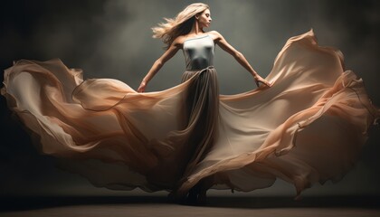 Fototapeta premium Photo of Woman in Flowing Dress Strikes Pose for Picture