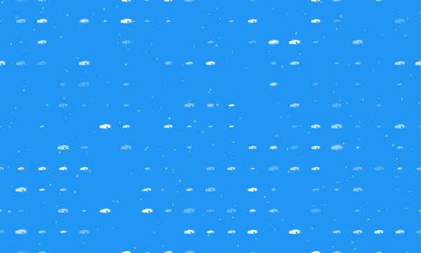 Seamless background pattern of evenly spaced white sport car symbols of different sizes and opacity. Vector illustration on blue background with stars
