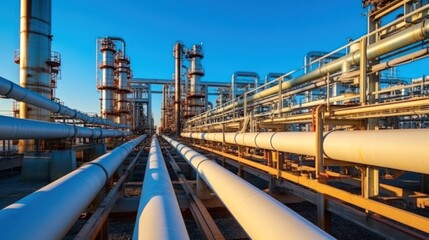 Fototapeta premium Steel Pipeline of Oil and gas plant with pipe rack. Refinery plant. industrial and factory
