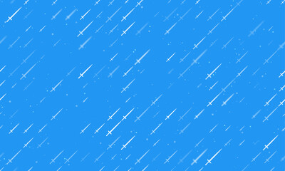 Seamless background pattern of evenly spaced white sword symbols of different sizes and opacity. Vector illustration on blue background with stars