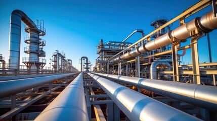 Obraz premium Steel Pipeline of Oil and gas plant with pipe rack. Refinery plant. industrial and factory