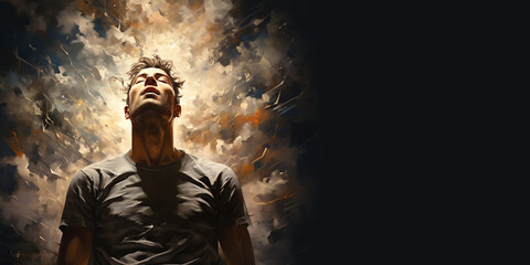 Illustration of managainst paiting backdrop. Mental Health Art Therapy. Healing power of artistic expression. Thoughts and feeling arise during creative process. Banner, copy space