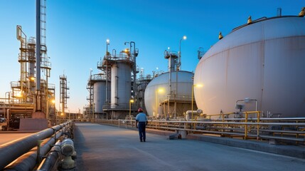 Obraz premium Engineer working at oil and gas plant. Refinery plant. Equipment steel pipes. Industry and factory