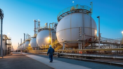 Obraz premium storage tank at oil and gas plant. Refinery plant. Equipment steel pipes. industrial pipeline and factory