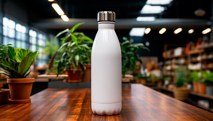 Mockup white reusable thermal water bottles on a table
