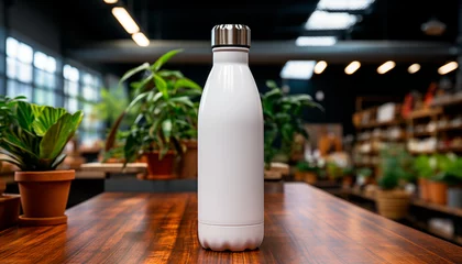 Fototapeten Mockup white reusable thermal water bottles on a table  © KEA