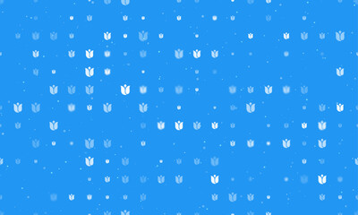 Seamless background pattern of evenly spaced white tulips of different sizes and opacity. Vector illustration on blue background with stars