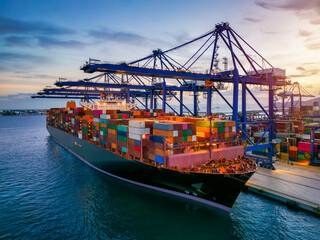 A large container cargo ship is beeing loaded in a commercial dock during sunset