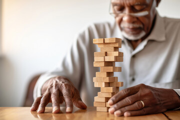 African American Senior man with dementia playing with wooden blocks in geriatric clinic or nursing home - obrazy, fototapety, plakaty