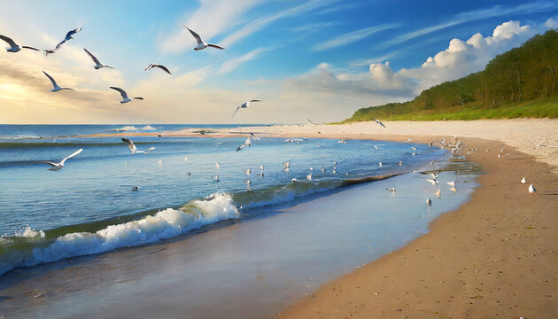 Tranquil Beach with Seagulls in Flight