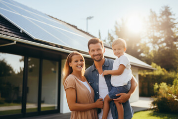 Eco-Friendly Living: A family embracing a sustainable lifestyle, featuring solar panels and eco-friendly home improvements - obrazy, fototapety, plakaty