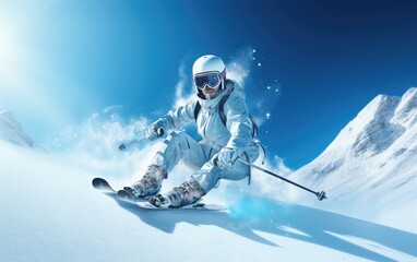 Thrilling Winter Adventure Young Adult Snowboarding Downhill in Blue Mountain Range