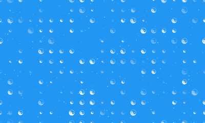 Seamless background pattern of evenly spaced white yin yang symbols of different sizes and opacity. Vector illustration on blue background with stars