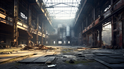 An old abandoned factory looms large in the distance, its broken windows and crumbling walls a reminder of the past