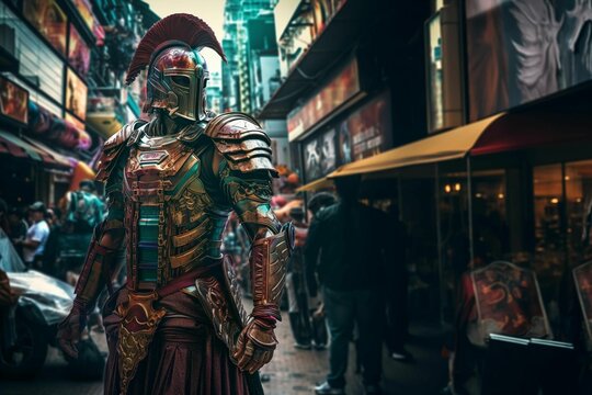 Person wearing a full suit of armor making their way through an urban setting, A-generated.