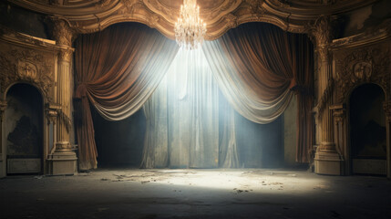 An old, abandoned theatre with faded curtains and a single spotlight