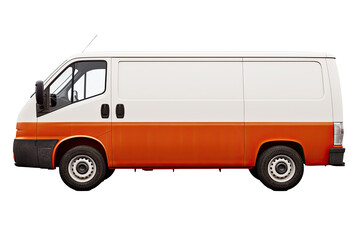 empty delivery van, cargo van with space for text. Side view isolated on a transparent background. PNG cutout or clipping path.
