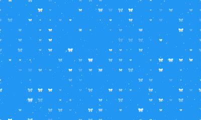 Seamless background pattern of evenly spaced white bow symbols of different sizes and opacity. Vector illustration on blue background with stars