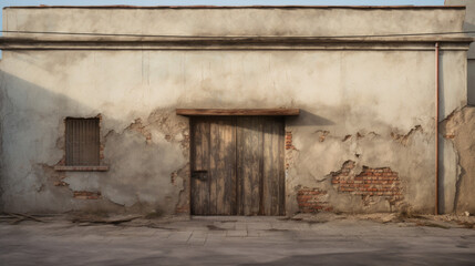 An old, abandoned building with a boarded up door and broken window