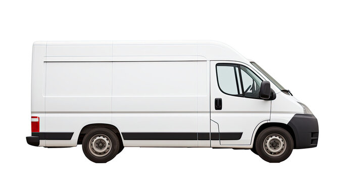 an empty delivery van, cargo van with space for text. Side view isolated on a transparent background. PNG cutout or clipping path.