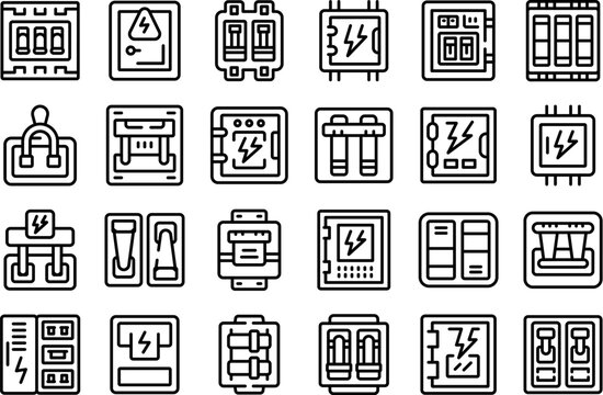 Electric switchboard icons set outline vector. Engineer work. Power industrial fuse