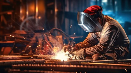 Metal welder working with arc welding at wokshop, Industrial worker is welding steel products in a factory, sparks fly