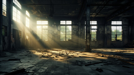 An old abandoned factory lies dormant in the fading sunlight Its broken-down walls and crumbling chimneys cast a long shadow across the surrounding landscape