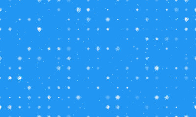 Seamless background pattern of evenly spaced white coronavirus symbols of different sizes and opacity. Vector illustration on blue background with stars
