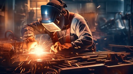 Metal welder working with arc welding at wokshop, Industrial worker is welding steel products in a factory, sparks fly