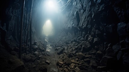 inside of the mine tunnel. Gold mine underground ore tunnel with rails