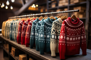 Christmas sweaters hang on a hanger in a store - obrazy, fototapety, plakaty