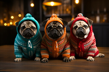 Three pug dogs in colorful Christmas clothes - Powered by Adobe