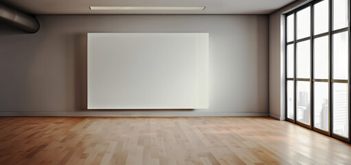 Spacious empty room with large blank canvas, big window, hardwood floor interior space for mock up