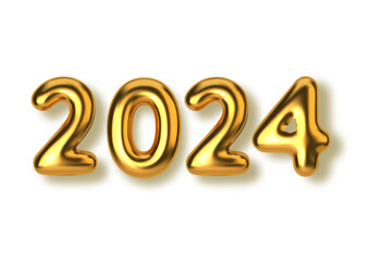 Happy New Year 2024. 3d Realistic golden balloons. Vector illustration.