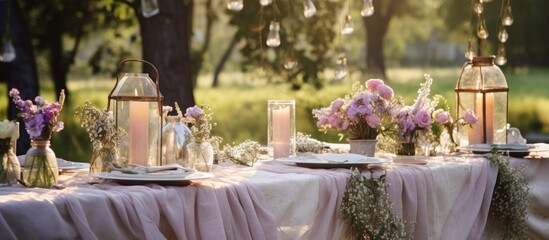 Outdoor wedding decoration with candles dried flowers accessories table with linen tablecloth green lawn nobody - obrazy, fototapety, plakaty