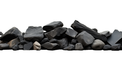  black rocks or charcoal, collapsed wall on the ground, isolated on a transparent background. PNG cutout or clipping path