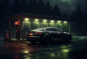 Fototapeta na wymiar Car at gas station at night. Gas station at night with car charging. Empty gas station.
