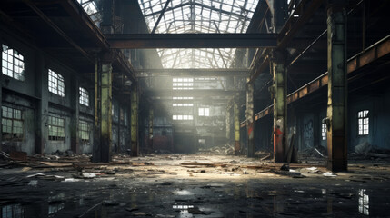An old abandoned factory looms large in the distance, its broken windows and crumbling walls a reminder of the past
