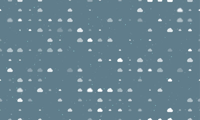 Seamless background pattern of evenly spaced white cloud symbols of different sizes and opacity. Vector illustration on blue grey background with stars