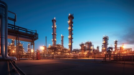 Fototapeta premium Industrial oil and gas plant. Refinery plant. Equipment steel pipes. industrial pipeline and factory