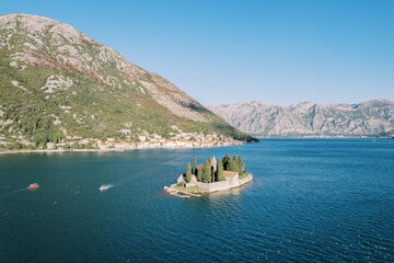 Ancient monastery on the island of St. George. Bay of Kotor, Montenegro. Drone