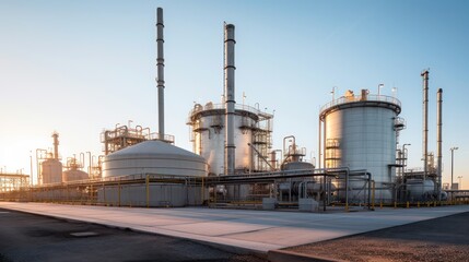 Obraz premium Industrial oil and gas plant. Refinery plant. Equipment steel pipes. industrial pipeline and factory