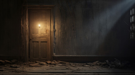 An old, abandoned house with a boarded up door