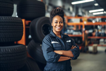 Portrait of African American female auto mechanic working in an auto repair shop and changing wheel alloy tire - obrazy, fototapety, plakaty