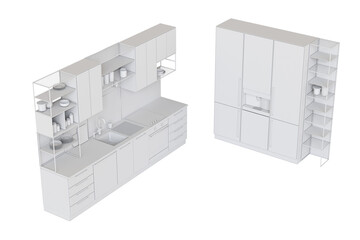 modern kitchen isolated on transparent background, home furniture, 3D illustration, cg render