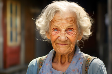 Smiling elderly woman. Old person. AI.