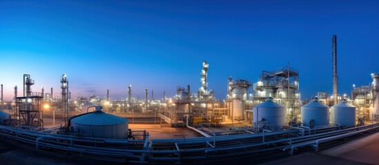 Obraz premium Industrial oil and gas plant. Refinery plant. Equipment steel pipes. industrial pipeline and factory