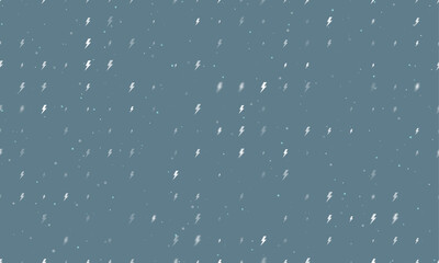 Seamless background pattern of evenly spaced white lightning symbols of different sizes and opacity. Vector illustration on blue grey background with stars