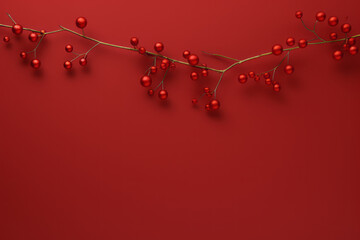 Festive christmas decorations in red and green, vibrant holiday background with space for text, winter celebration atmosphere.