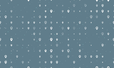 Seamless background pattern of evenly spaced white location symbols of different sizes and opacity. Vector illustration on blue grey background with stars